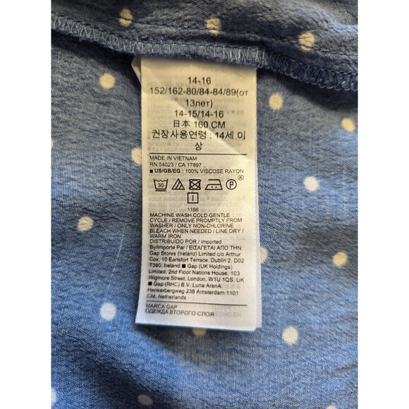 Gap Teen 14 - 16 Blue White Polka Dot Mini Dress V-Neck Short Sleeve Button Up - Picture 6 of 7